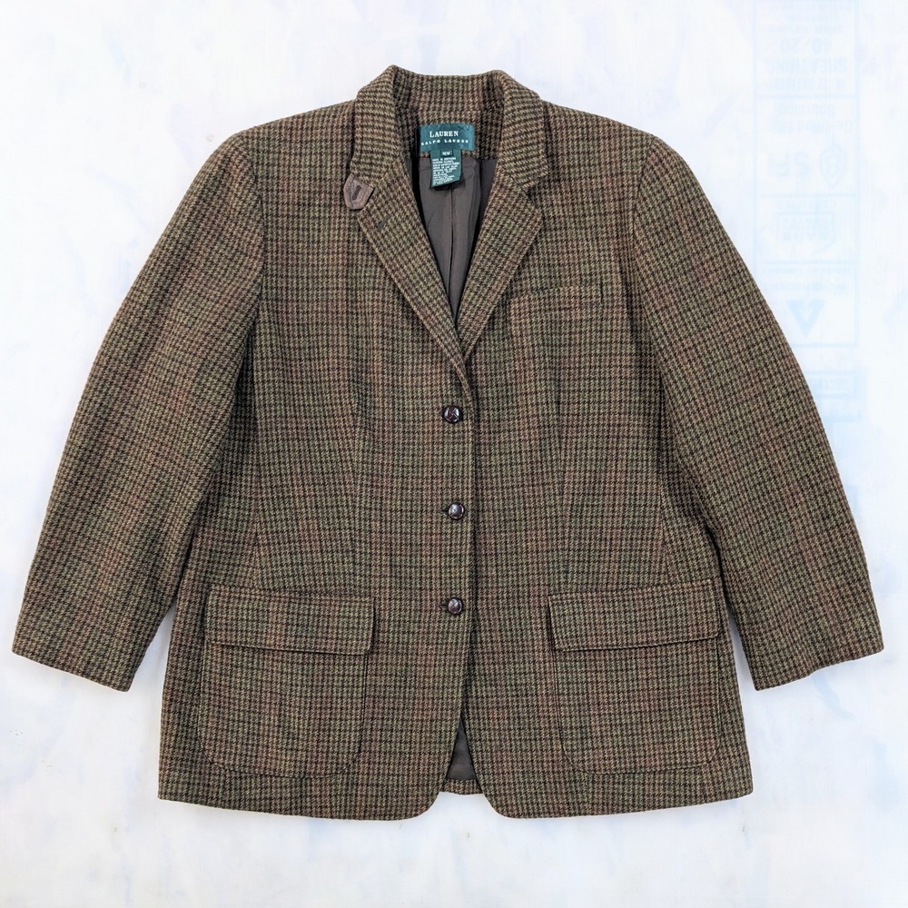Vintage 90s Lauren Ralph Lauren 100% Wool Blazer 18W Elbow Patch Houndstooth